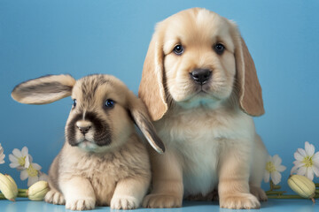 Baby rabbit next to puppy. Adorable mascots on soft blue background. Generative AI.