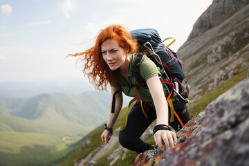 Portrait of a red-haired woman climbing the mountains, leaking in the mountains.  Generative ai