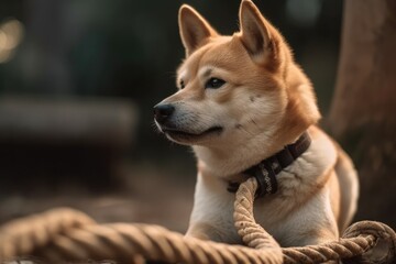 Fototapeta premium dog pulling the rope in a side view. Generative AI