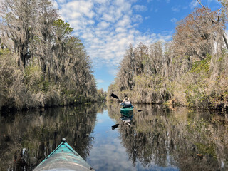 active senior kayaking in Okefenokee swamp