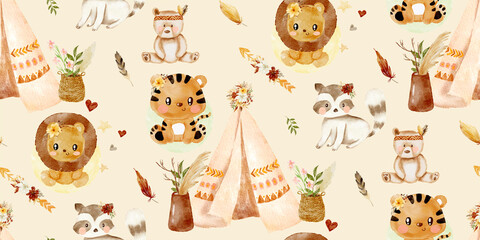 Tissus indien pattern tepee lion raton laveur lion tigre