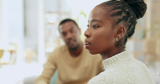 Black couple, divorce and argument or fight in home, conflict or disagreement in house. Cheating, talking and man and frustrated woman with marriage problem, toxic relationship or arguing for breakup