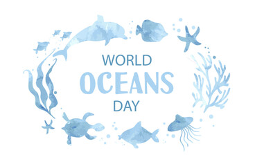Poster of World Ocean Day.Elements  underwater ocean in watercolor style. Vector illustration