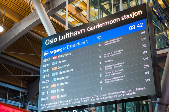 Oslo, Norway - March 16, 2023: Oslo Gardermoen Airport (Norwegian: Oslo Lufthavn) OSL and railway station. Oslo airport is connected to city center by high-speed railway trains and Flytoget.