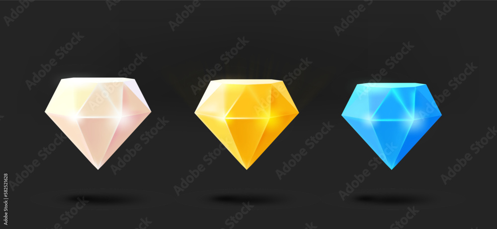 Poster Different color gem icons collection. 3d vector isolated on black background