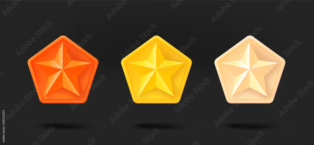 Poster different color star achievement icons collection. 3d vector isolated on black background