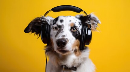 Dog with headphones, yellow studio background. Generative AI