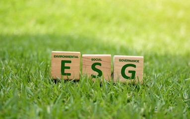 Words ESG on a wood block on the lawn and Future environmental conservation and sustainable ESG...