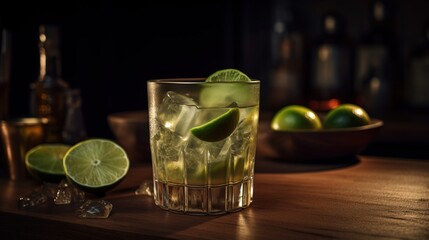 Brazilian Caipirinha. Typical Brazilian cocktail made with lemon, cachaça and sugar. Traditional brazil drink. Generative AI.