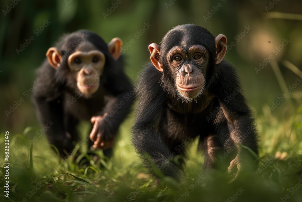Poster chimpanzees sprinting on a background of grass. generative ai