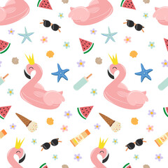 Seamless pattern with summer beach elements: flamingo inflatable circle, ice cream, sunglasses, starfish, watermelon and sea shells. Flat style vector image.