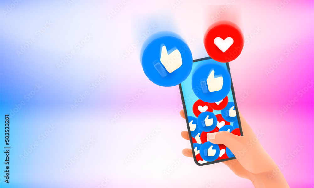 Poster thumb up and heart social media reaction 3d buttons falling to the smartphone. 3d vector banner with