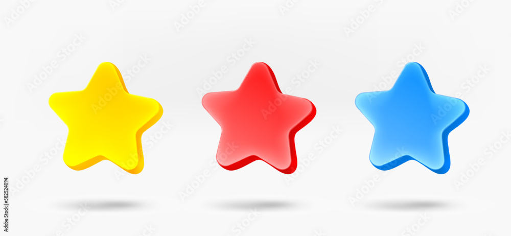 Poster different color star icons collection. 3d vector isolated on white background