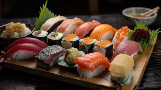 Sushi and sashimi japanese food. Maki and rolls with tuna, salmon, shrimp and more. All you can eat menu. Sushi roll, uramaki, hosomaki, nigiri sashimi. Generative AI.