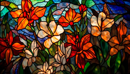 Fototapeta na wymiar Decorative background with bright stained glass flowers. Generative AI technology.