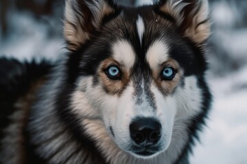 Fototapeta premium a some of a Siberian dog's facial features. pleased muzzle Slavic husky. Husky dog up close. The dog has elastic, silky fur. selection emphasis. Generative AI