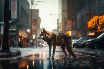 Beautiful wolf on city street. Double exposure technique. Dark cinematic colours