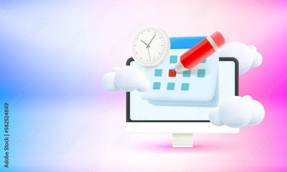 Fototapete Shedule concept with calendar and computer app. 3d vector banner with copy space
