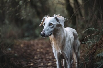 Obraz na płótnie Canvas white purebred dog A muzzled Saluki sighthound or gazehound running freely in the wilderness. A Persian Greyhound taking in the fresh air. taking a stroll in a woodland and gravel quarry. Generative