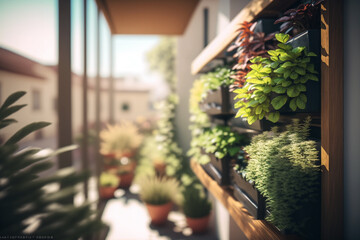 Closeup of lush, modern vertical garden on an apartment balcony with a variety of fresh green plants and herbs in hanging flower pots. Ideal solution for urban gardening where space is limited. AI. - obrazy, fototapety, plakaty