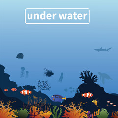 coral reef with fish underwater on a blue sea background. Vector ocean panoramic illustration.
