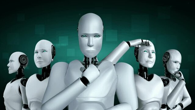 Futuristic robot artificial intelligence huminoid AI programming coding technology development and machine learning concept. Robotic bionic science research for future of human life. 3D rendering.