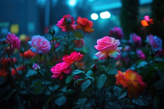 Beautiful roses in garden in the evening. Digitally generated AI image