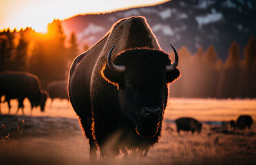 American buffalo in the field - obrazy, fototapety, plakaty