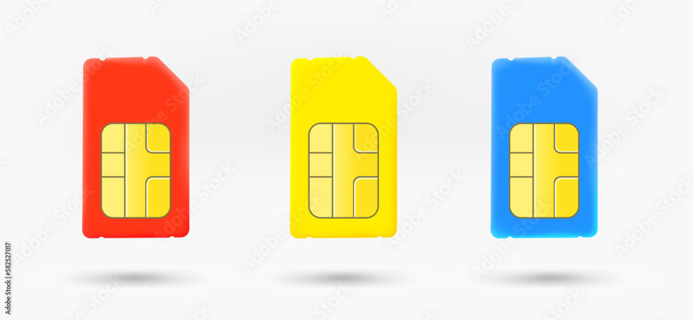 Poster different color telephone sim card icons collection. 3d vector isolated on white background