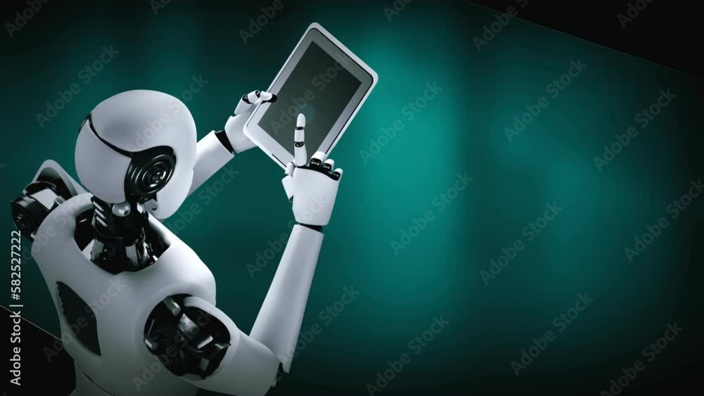 Poster robot hominoid using tablet computer for big data analytic using ai thinking brain , artificial inte