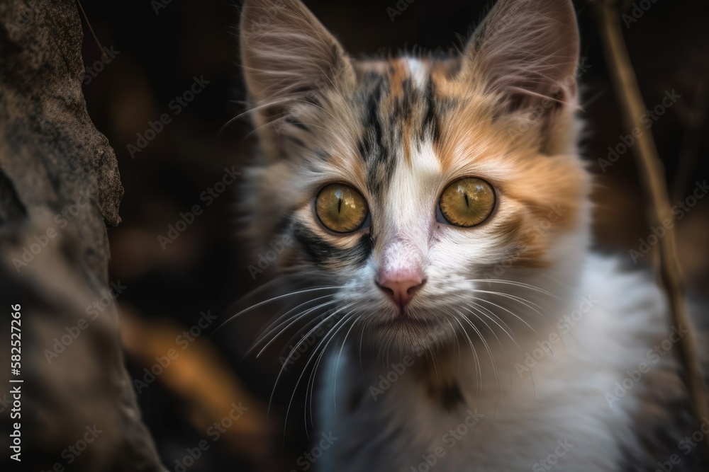 Aufkleber a close up of a kitten with its alert eyes and a background of cats that are blurry. generative ai