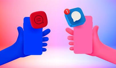 Mobile data transfer concept. 3d vector illustration with hands holding smartphones