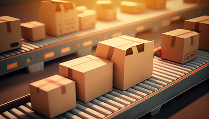 Row of brown boxes on conveyor belt in a big warehouse, Cardboard boxes in logistics warehouse, Packed courier on production line against, Generative AI