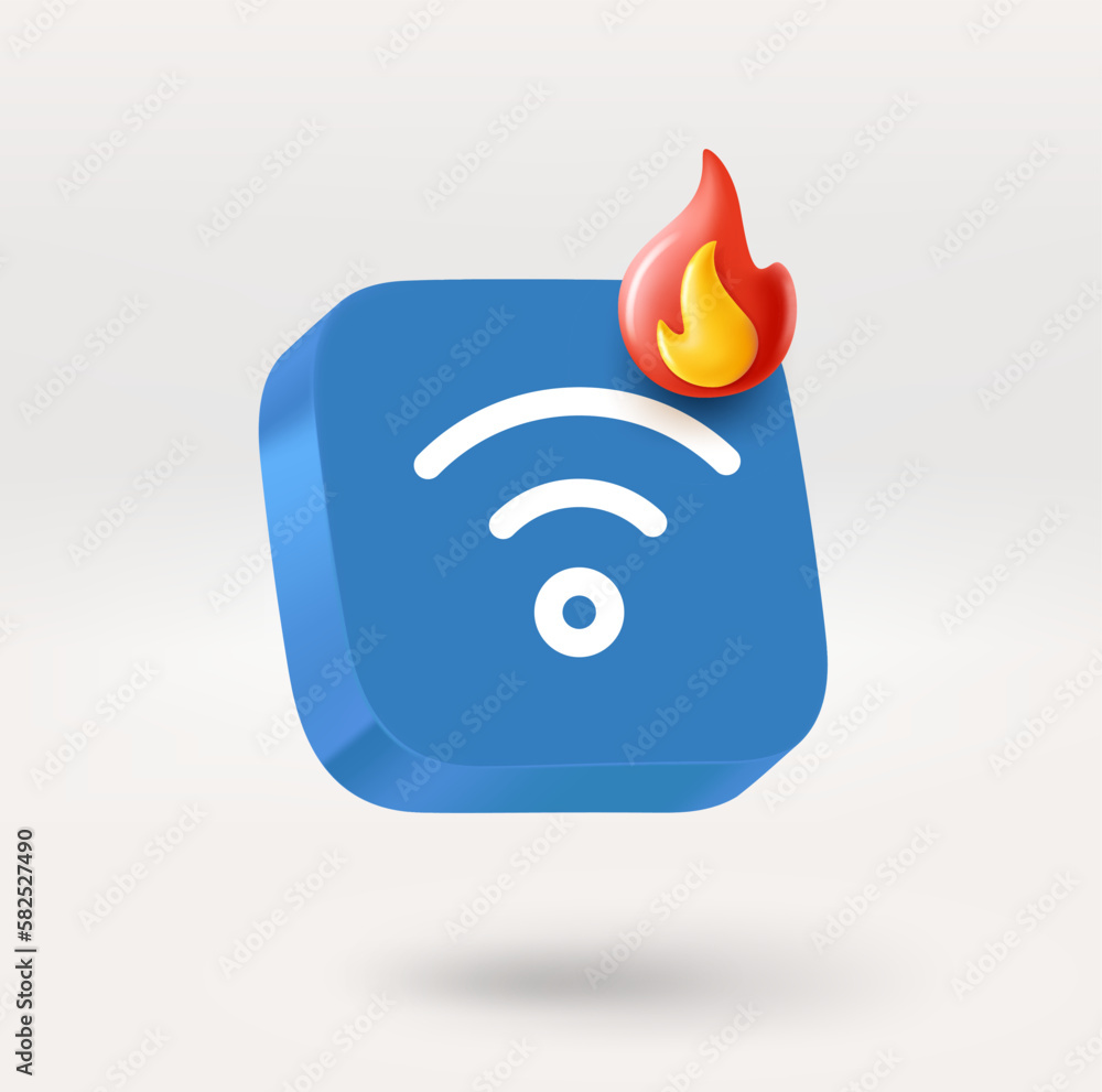 Poster Wireless connection icon with flame sign. 3d vector icon isolated on white background