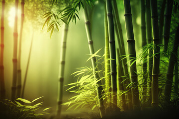 Fototapeta premium Fresh Bamboo Trees In Forest With Blurred Background (ai generated)