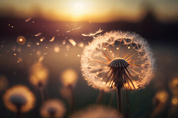 Dandelion In Field At Sunset - Freedom to Wish (ai generated)