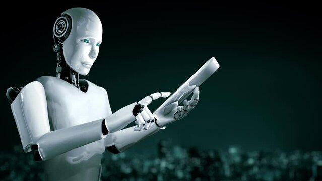 Futuristic robot artificial intelligence huminoid AI programming coding technology development and machine learning concept. Robotic bionic science research for future of human life. 3D rendering.