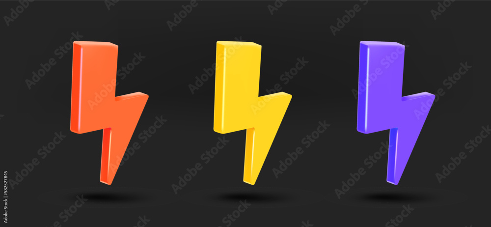 Poster Different color thunderbolt icons collection. 3d vector isolated on black background