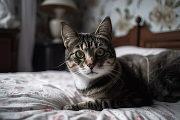 a cat perched on a bed and facing the camera. Generative AI