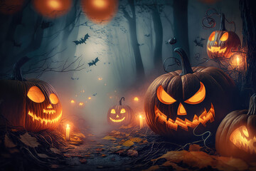 Fototapeta premium Halloween - Pumpkins In Spooky Forest With Tombs At Night - Abstract Defocused Background (ai generated)