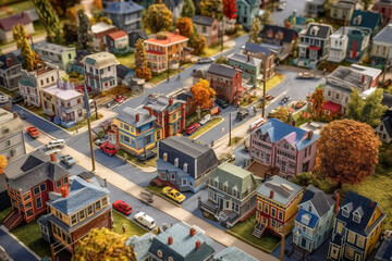Aerial view of small town and colourful streets in 3D anime style. Digitally generated AI image