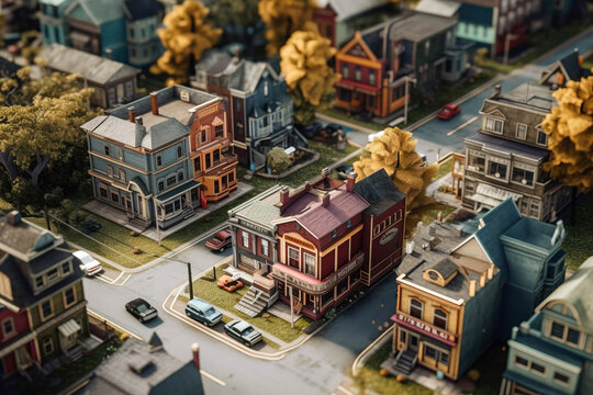 Aerial view of small town and colourful streets in 3D anime style. Digitally generated AI image