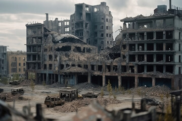 Fototapeta premium Ruined apocalyptic city destroyed at war with stormy clouds on background. Digitally generated AI image