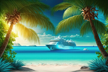 Fototapeta na wymiar Cruise To Caribbean With Palm tree On Coral Beach (ai generated)