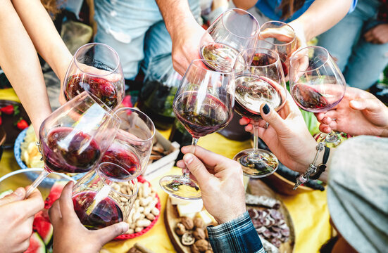 People hands toasting red wine and having fun out side cheering at winetasting experience - Young friends enjoying harvest time together at farm house picnic - Food and beverage life style concept
