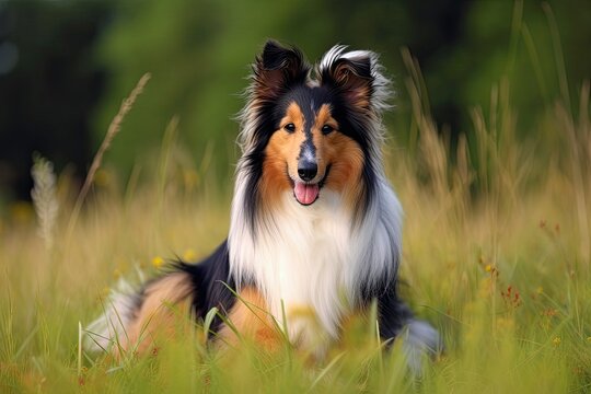 Sheltie picture in tricolor, a lovely shetland sheepdog. Generative AI