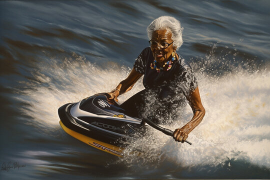 Mature Black Woman Riding Fast On A Jet Ski On Lake Water. Elderly People Having Fun Outside In The Summer. Healthy Lifestyle, Generative AI