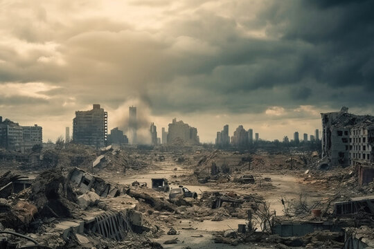 Ruined apocalyptic city destroyed at war with stormy clouds on background. Digitally generated AI image