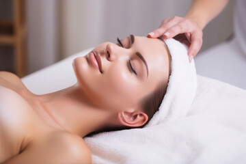 Obraz na płótnie Canvas Beautiful woman receiving facial and massage at luxury spa for relaxation. generative AI