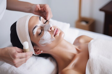 Beautiful woman receiving facial and massage at luxury spa for relaxation. generative AI